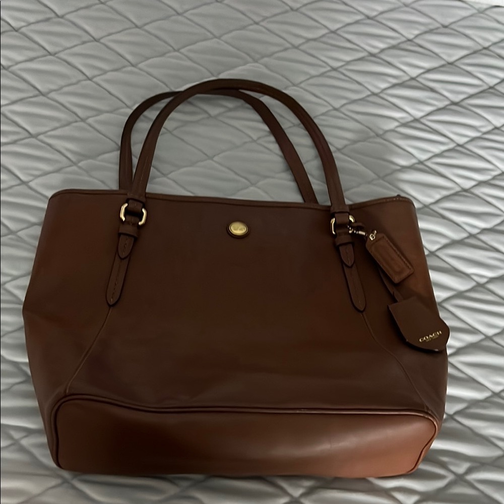 Coach Brown Tote Bag with Textured Leather and Structured Shape